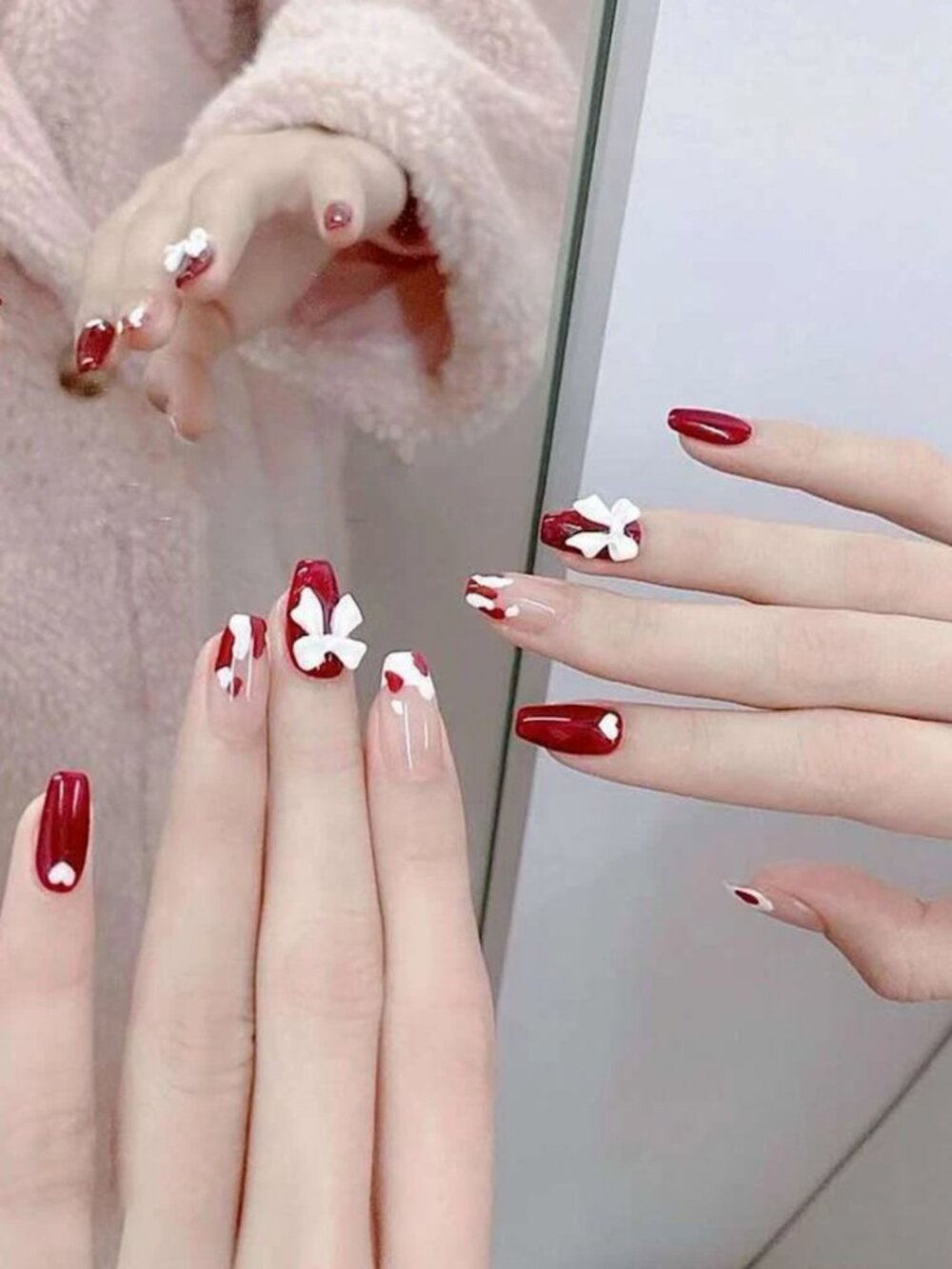 24pcs Long Coffin Red Heart 3D Bow Press-on Nails